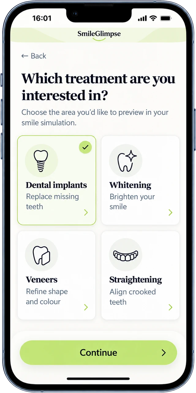 SmileGlimpse on a phone: choosing a treatment, with dental implants selected